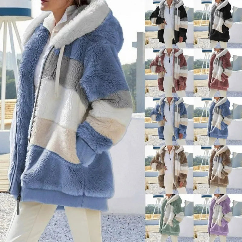 Collage of a person wearing a blue and white checkered coat with a hood.