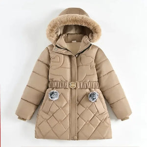 Beige quilted jacket with fur-lined hood on a white background