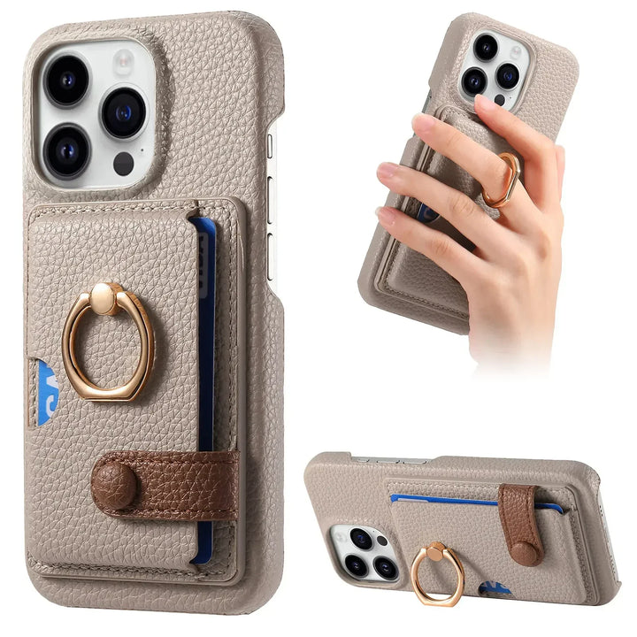 Luxury Leather Ring Wallet Case for iPhone 11/12/13/14/15/16 Pro Max with Ring Holder and Shockproof Design