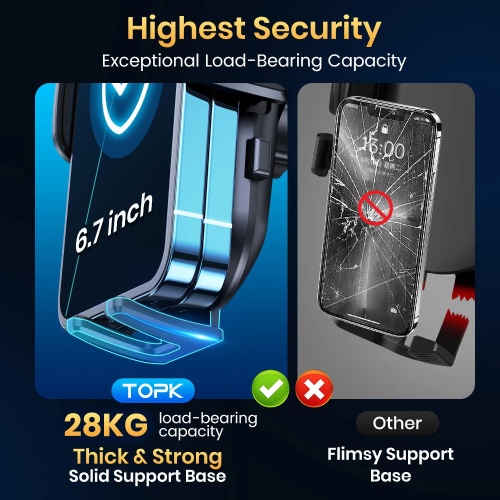 Phone holder with 28KG load-bearing capacity and a broken phone illustration, emphasizing security and strength.