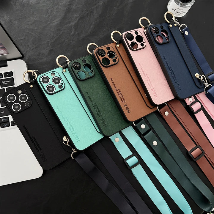 Luxury Litchi Leather Wrist Strap Crossbody Phone Case for iPhone 15 14 Pro Max in Retro Vintage Design