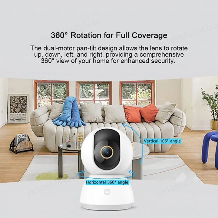 Smart home security camera with 360-degree rotation feature in a living room setting.