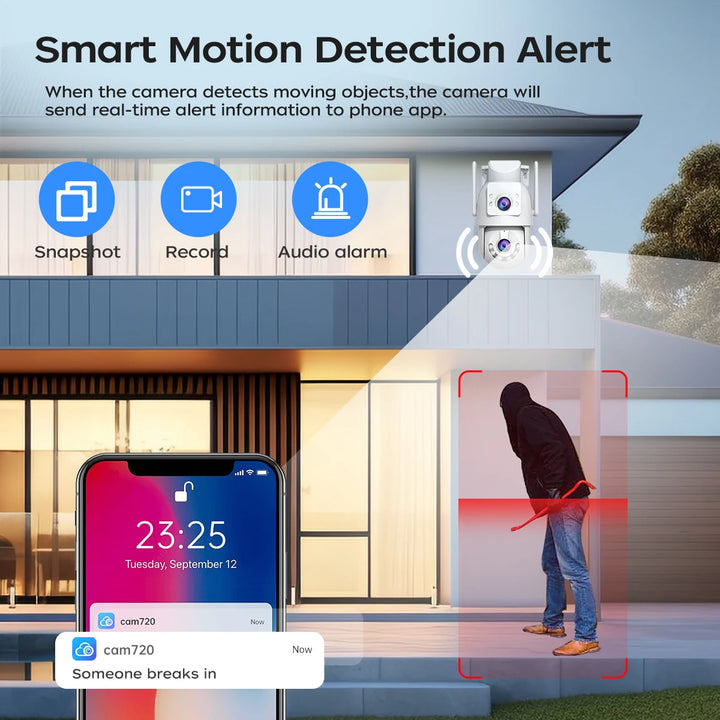 Smart motion detection alert system with smartphone app interface and outdoor camera setup.