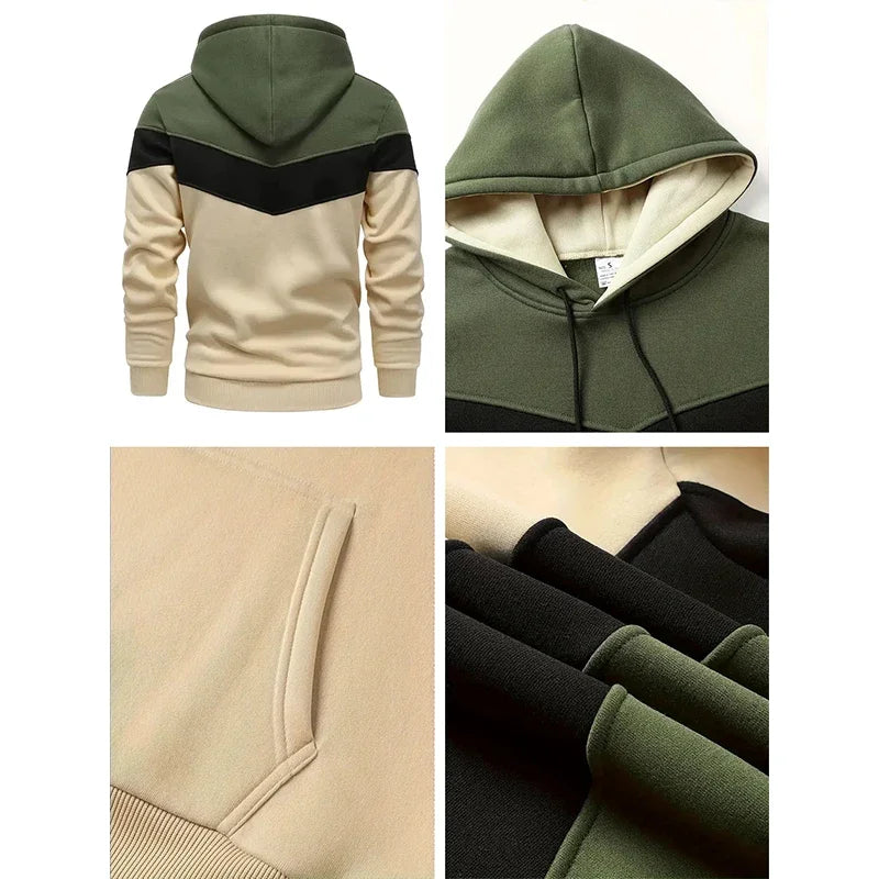 Collage of a green and beige hoodie with close-up details on a white background