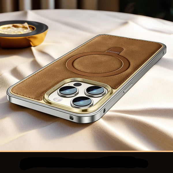 Luxury Business Leather Case for iPhone 14 15 Pro Max with Metal Frame and Built-in Stand, Premium Design