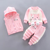 Pink children's outfit with a hooded vest and pants on a gray background
