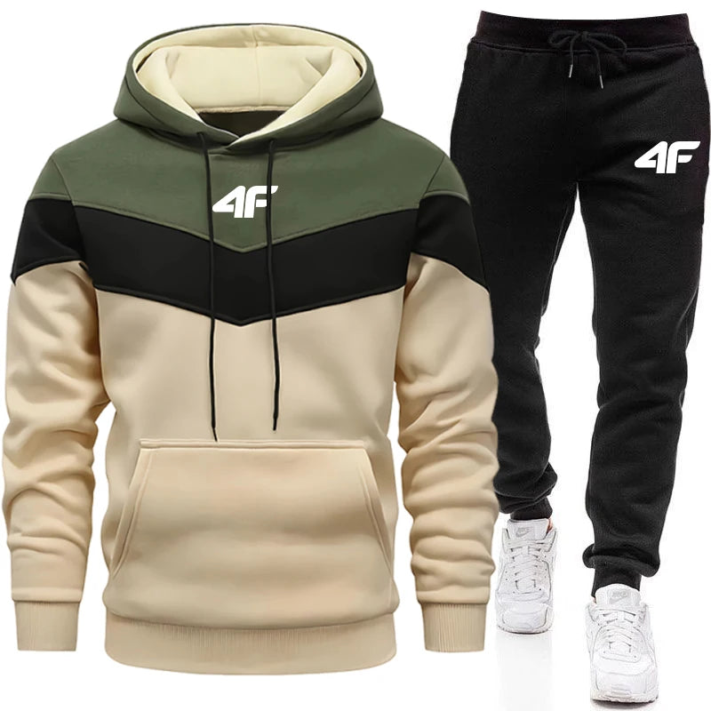Hoodie and jogger pants set with 4F logo on a white background