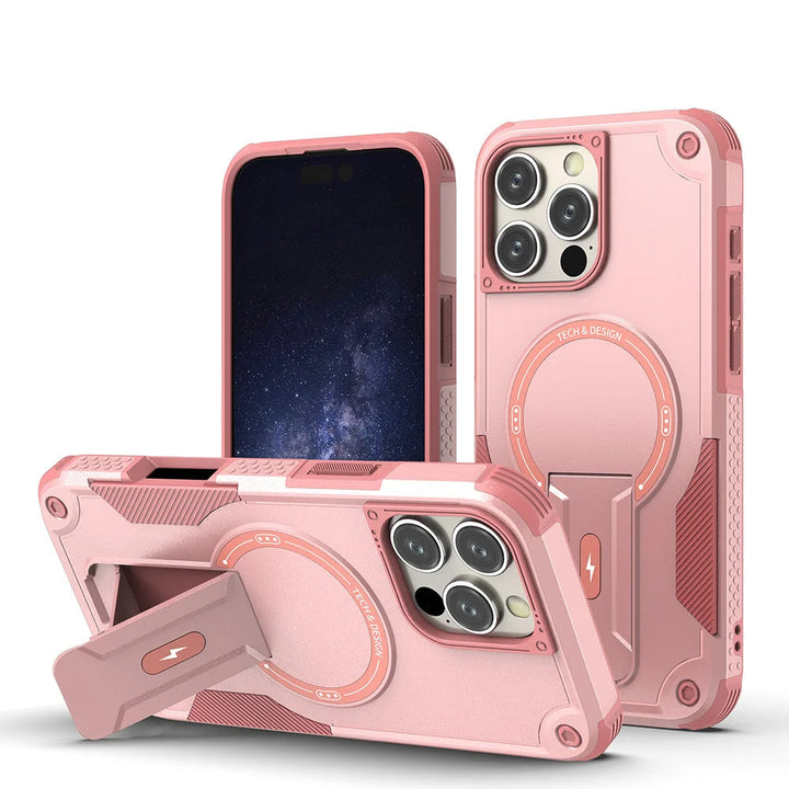 Military Shockproof Magnetic Case with Kickstand for iPhone 11–16 – Rugged Armor with Foldable Holder – Black, Green, Gold, Pink