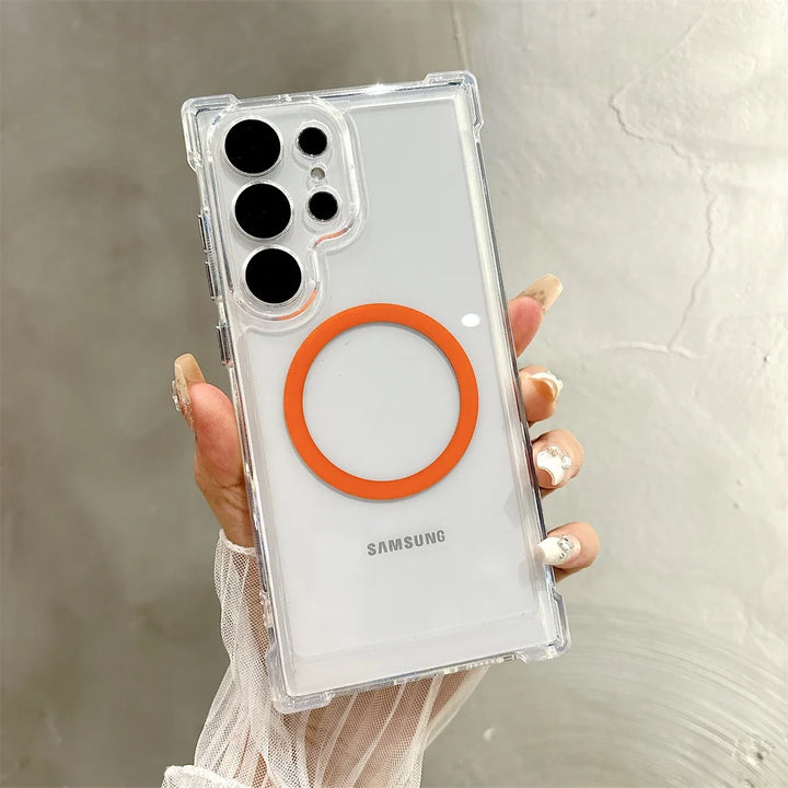 Transparent Armour Magnetic Case with reinforced corners, shockproof design, and wireless charging support for Samsung S25, S24, S23, S22, S21.