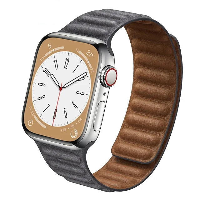 Stylish genuine leather Apple Watch band with magnetic loop closure, available in multiple colors.