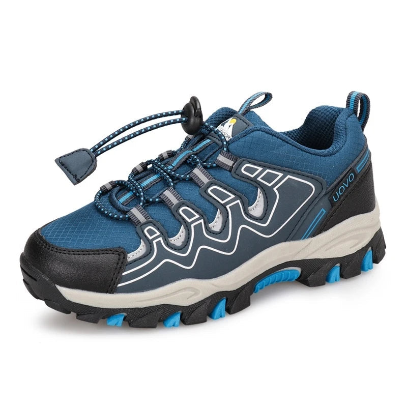 Blue and gray sneaker branding on a white background