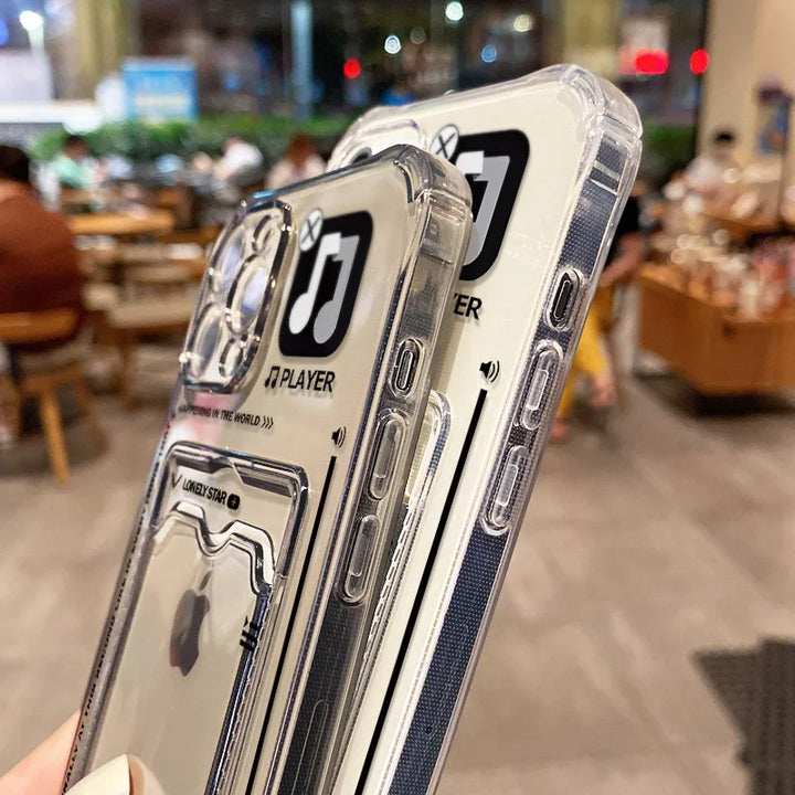 Transparent wallet card holder soft case for iPhone with card slots and shockproof protection.