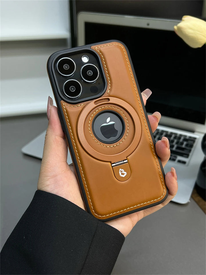 Luxury Magnetic Stand Ring PU Leather Case for iPhone 16/15/14 Plus, 13/12 Pro Max, Magsafe Compatible with Ring Holder and Shockproof Design