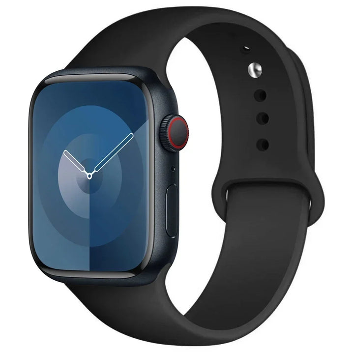 Silicone sport band for Apple Watch, compatible with Series 9/8/7/6/5/SE/Ultra, shown in vibrant colors.