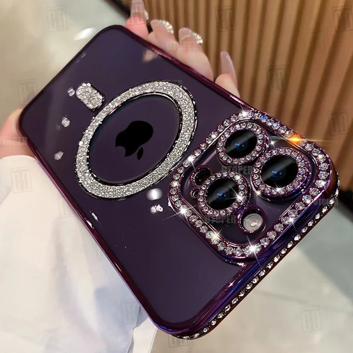 MagSafe Glitter Rhinestone Case for iPhone 16 15 14 13 12 11 Pro Max – Bling & Transparent Design with Wireless Charging