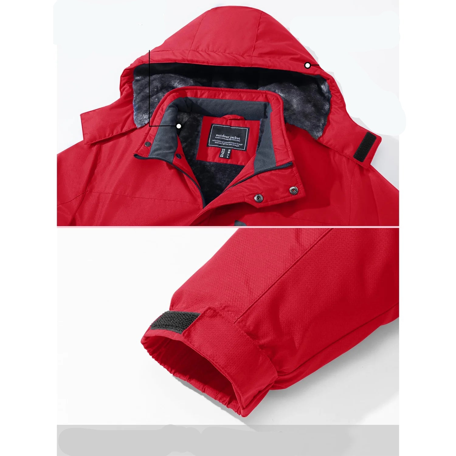 Red jacket with detachable hood and elastic cuffs, featuring Tagasen branding.