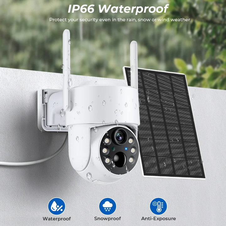 Solar-powered security camera with IP66 waterproof rating on a wall.