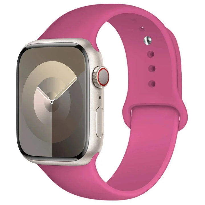 Silicone sport band for Apple Watch, compatible with Series 9/8/7/6/5/SE/Ultra, shown in vibrant colors.