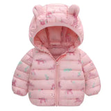Pink children's puffer jacket with animal prints on a white background