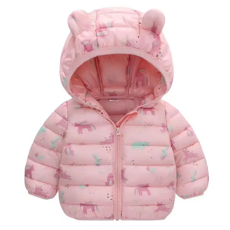 Pink children's puffer jacket with animal prints on a white background