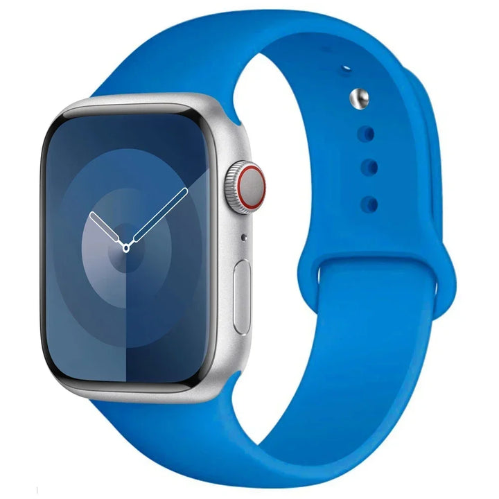 Silicone sport band for Apple Watch, compatible with Series 9/8/7/6/5/SE/Ultra, shown in vibrant colors.