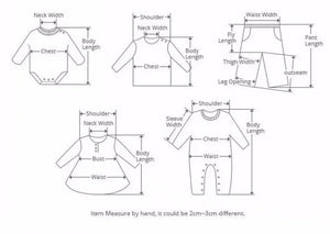 Measurement chart for children's clothing with labeled parts and dimensions.