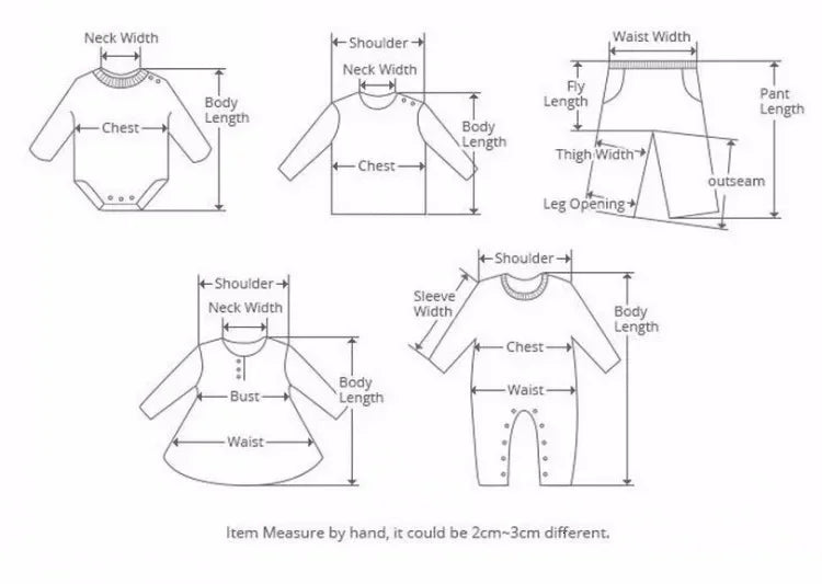 Measurement chart for children's clothing with labeled parts and dimensions.