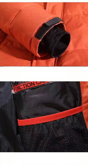 Close-up of a red and black jacket with text on the sleeve