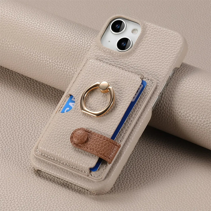 Luxury Leather Ring Wallet Case for iPhone 11/12/13/14/15/16 Pro Max with Ring Holder and Shockproof Design