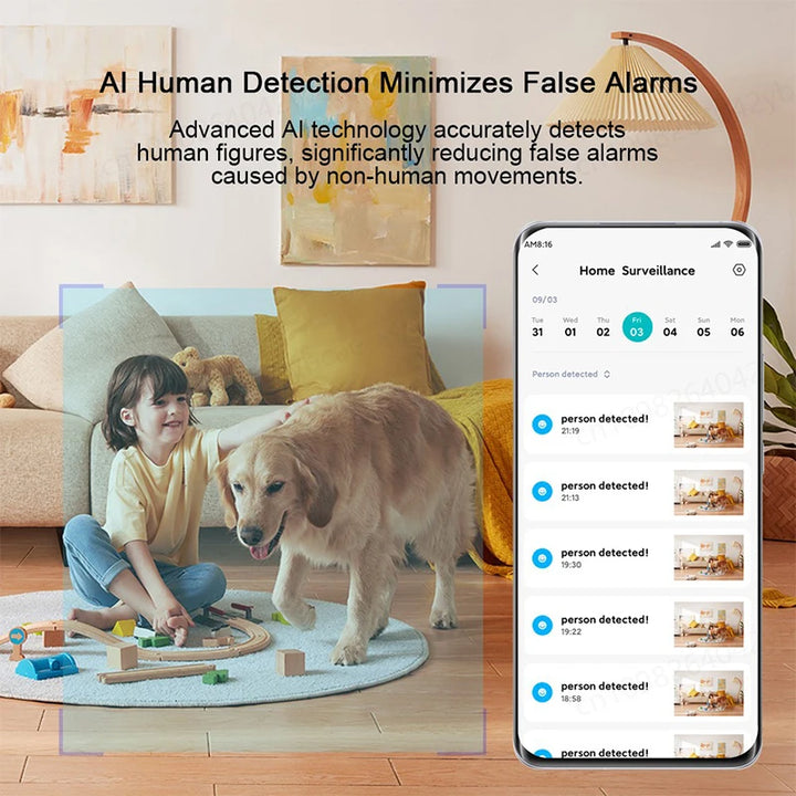 Home surveillance system with AI human detection technology in a living room setting.