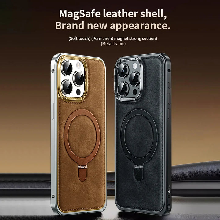Luxury Business Leather Case for iPhone 14 15 Pro Max with Metal Frame and Built-in Stand, Premium Design