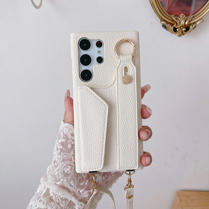 Leather Wallet Case with Wrist Strap, Crossbody Lanyard, and Card Holder for Samsung S23/S22/S21/A55/A54