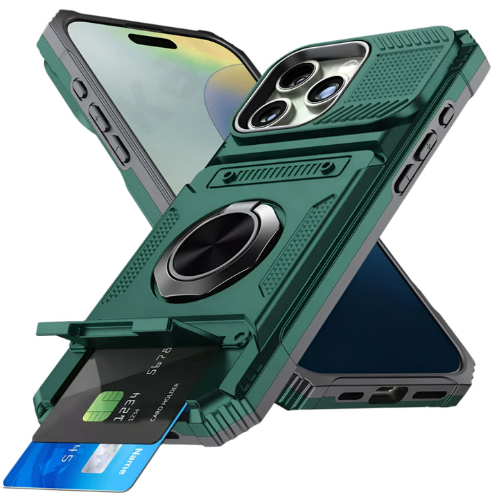 Magnetic iPhone Wallet Case with Rotating Ring Kickstand – Drop Protection & Card Pocket for iPhone 16 15 14 13 12 11