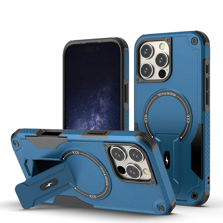Military Shockproof Magnetic Case with Kickstand for iPhone 11–16 – Rugged Armor with Foldable Holder – Black, Green, Gold, Pink