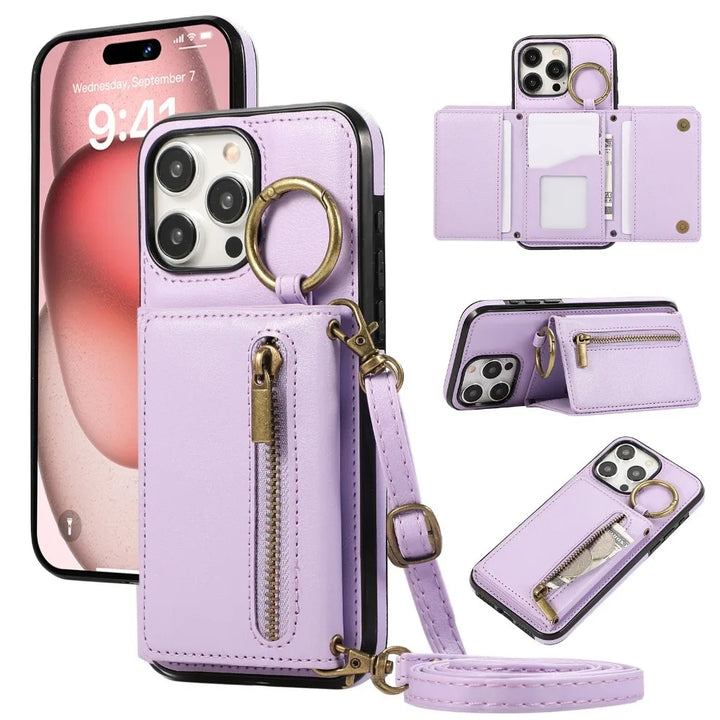 Crossbody Leather Wallet Phone Case with Zipper and Card Holder for iPhone 16/15/14/13/12/11 Pro Max