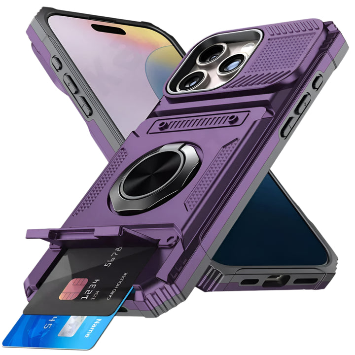 Magnetic iPhone Wallet Case with Rotating Ring Kickstand – Drop Protection & Card Pocket for iPhone 16 15 14 13 12 11