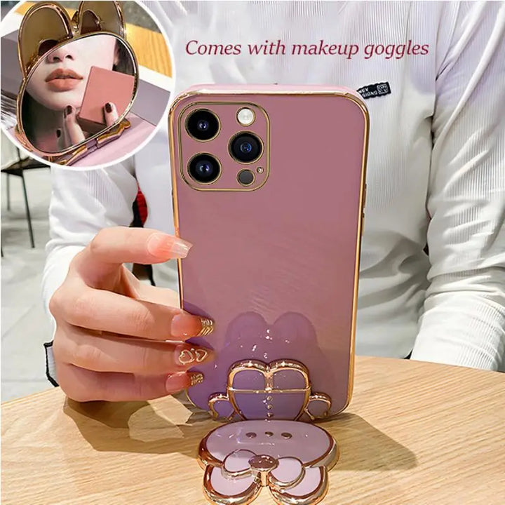 Mirror Rabbit Strap Plating Case for iPhone 14 13 12 11 Pro Max - Glossy, Anti-Scratch, Dustproof with Lanyard