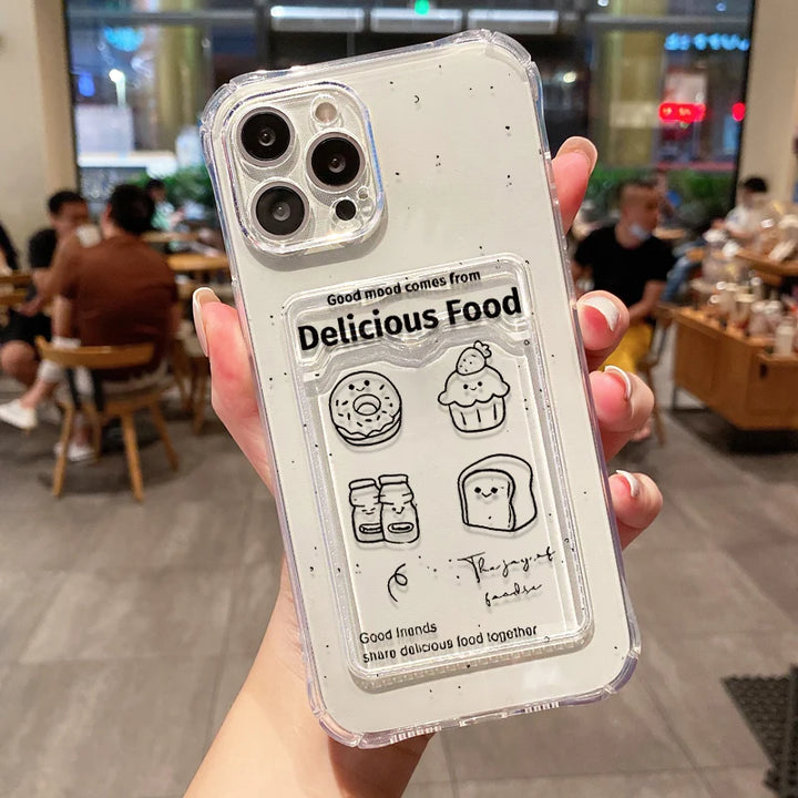 Transparent wallet card holder soft case for iPhone with card slots and shockproof protection.