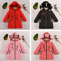 Four children's winter jackets in red, black, pink, and coral with fur-lined hoods on a neutral background.