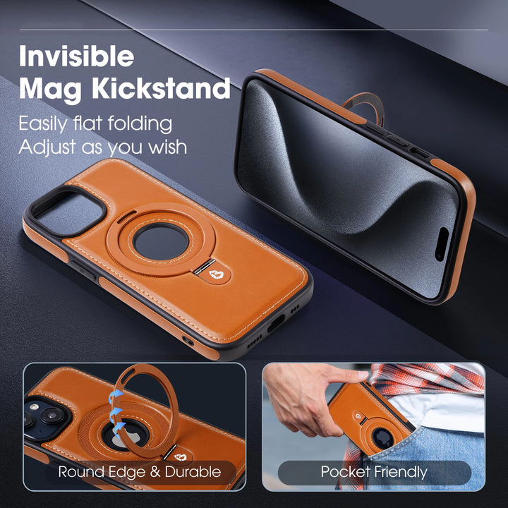 Luxury leather magnetic ring stand iPhone case with full protection, fits iPhone 12, 13, 14, 15, and 16 Pro Max Plus.