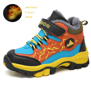Colorful children's boot with orange, blue, and yellow design on a white background