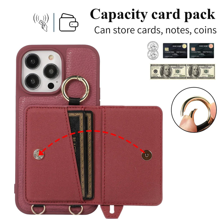 Leather Crossbody Wallet Case with Wristband and Card Slot for iPhone 15/16/14/13/12/11