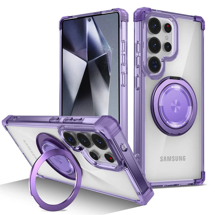 Rotating Magnetic Folding Stand Case with shockproof protection, reinforced corners, and wireless charging support for Samsung S25, S24, S23, S22, S21.