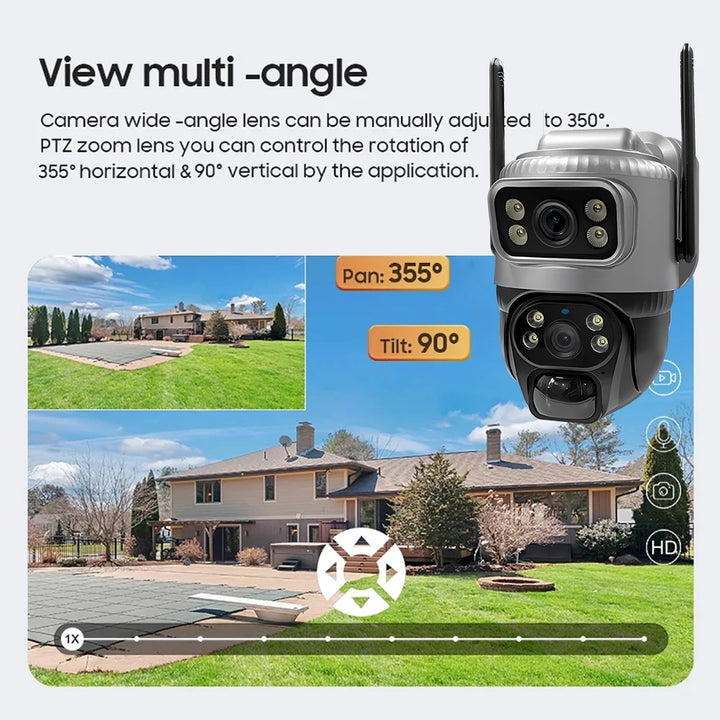 Outdoor security camera with multi-angle view capabilities on a house background