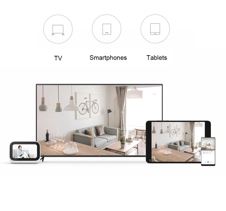 Living room scene displayed on a TV, smartphone, and tablet.