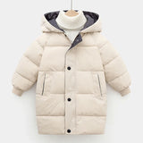Beige puffer jacket with black buttons on a white background