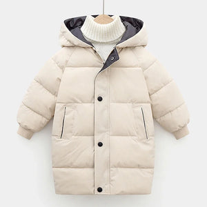 Beige puffer jacket with black buttons on a white background