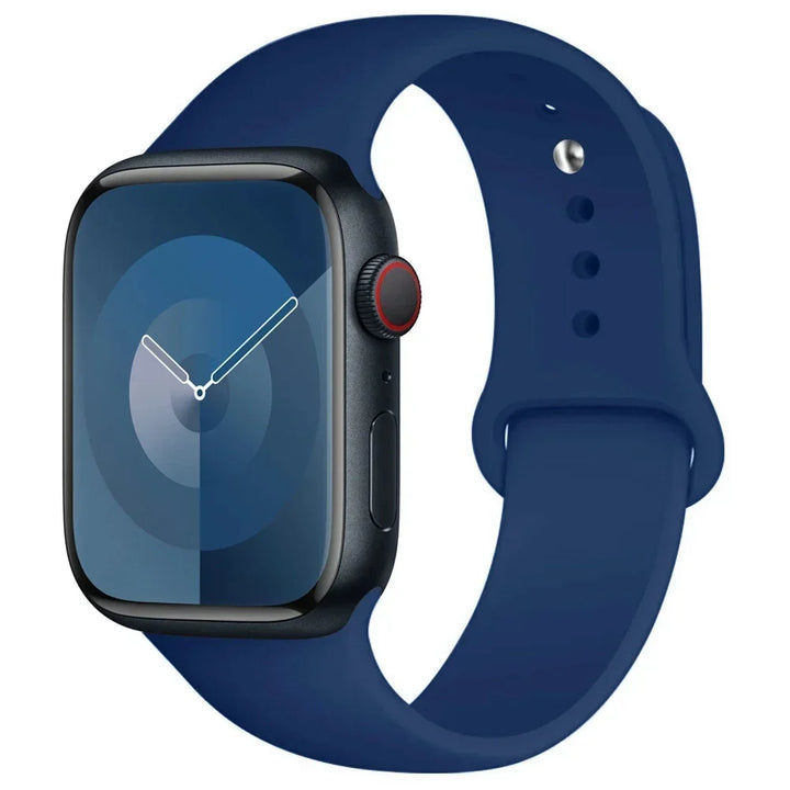 Silicone sport band for Apple Watch, compatible with Series 9/8/7/6/5/SE/Ultra, shown in vibrant colors.