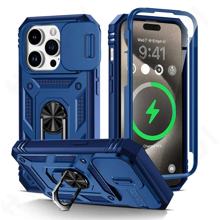 Military Grade iPhone Case with 360 Degree Kickstand & Camera Slide – Full Protection for iPhone 16 15 14 13 12 11