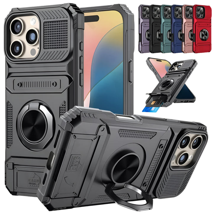 Magnetic iPhone Wallet Case with Rotating Ring Kickstand – Drop Protection & Card Pocket for iPhone 16 15 14 13 12 11